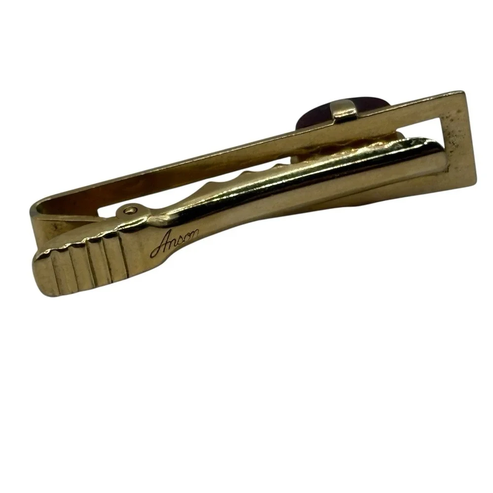 ANSON Cherry Red Lucite Cufflinks Tie Clip Bar Set Gold Tone Open Frame‎ Vintage
